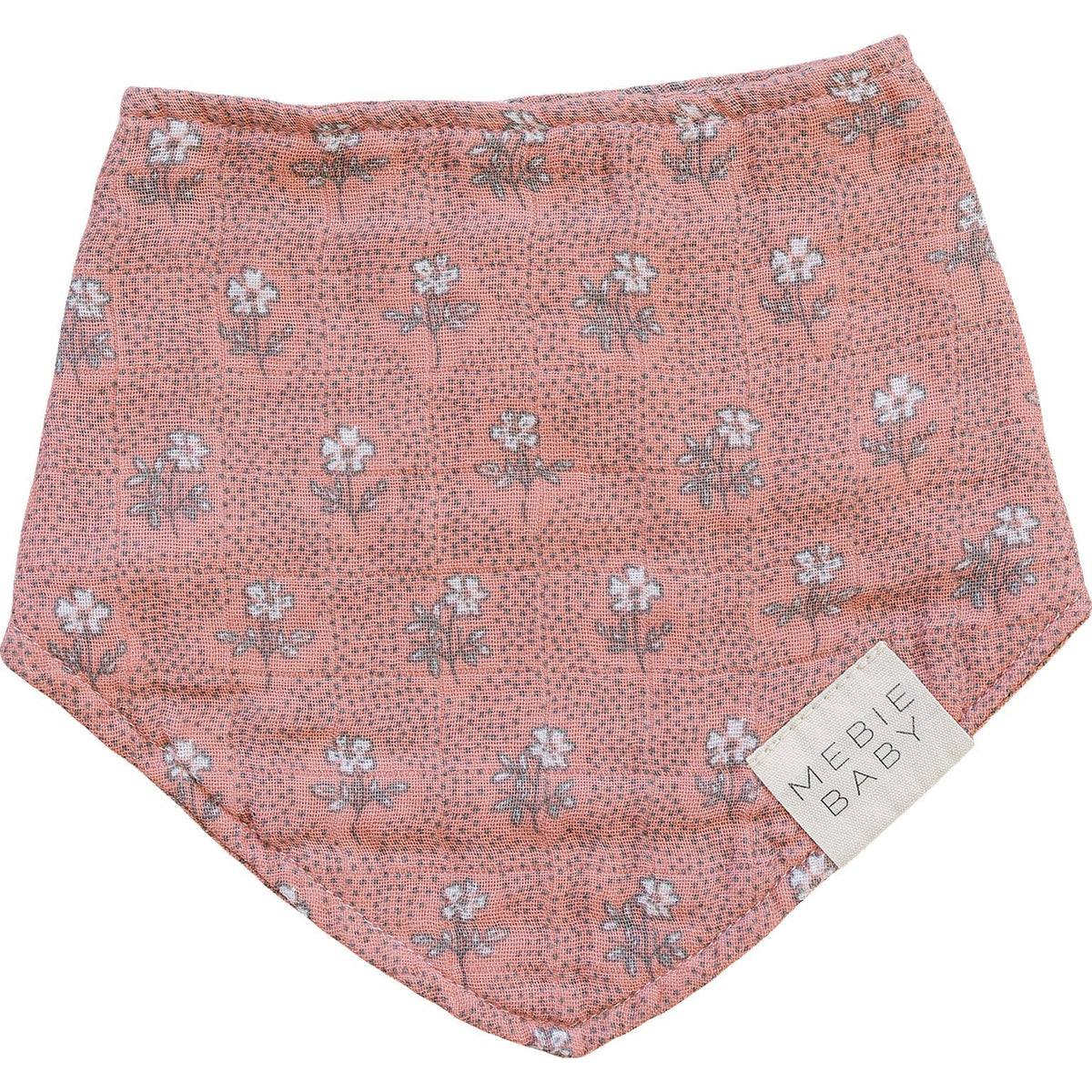 Muslin baby bib in a vintage pink floral print on a white background