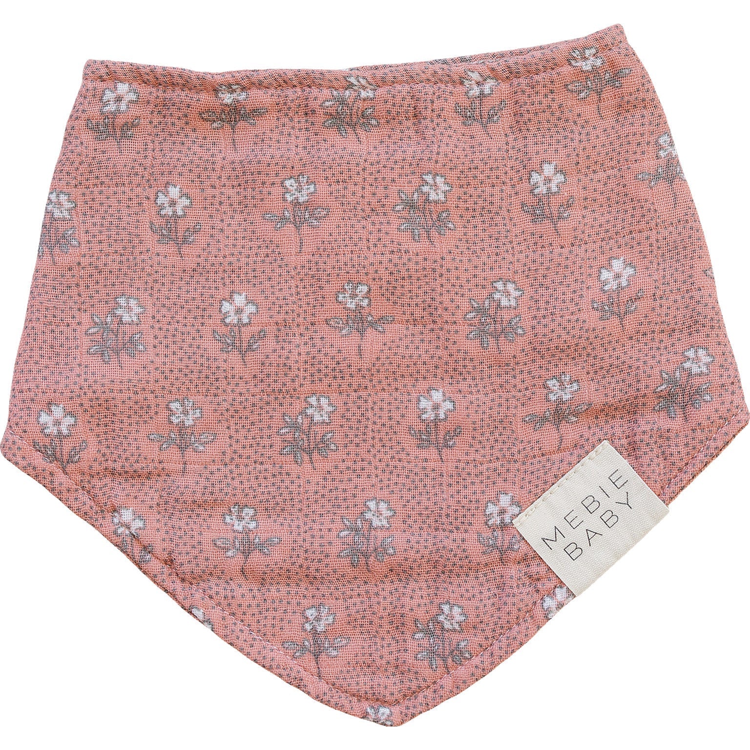 Muslin baby bib in a vintage pink floral print on a white background