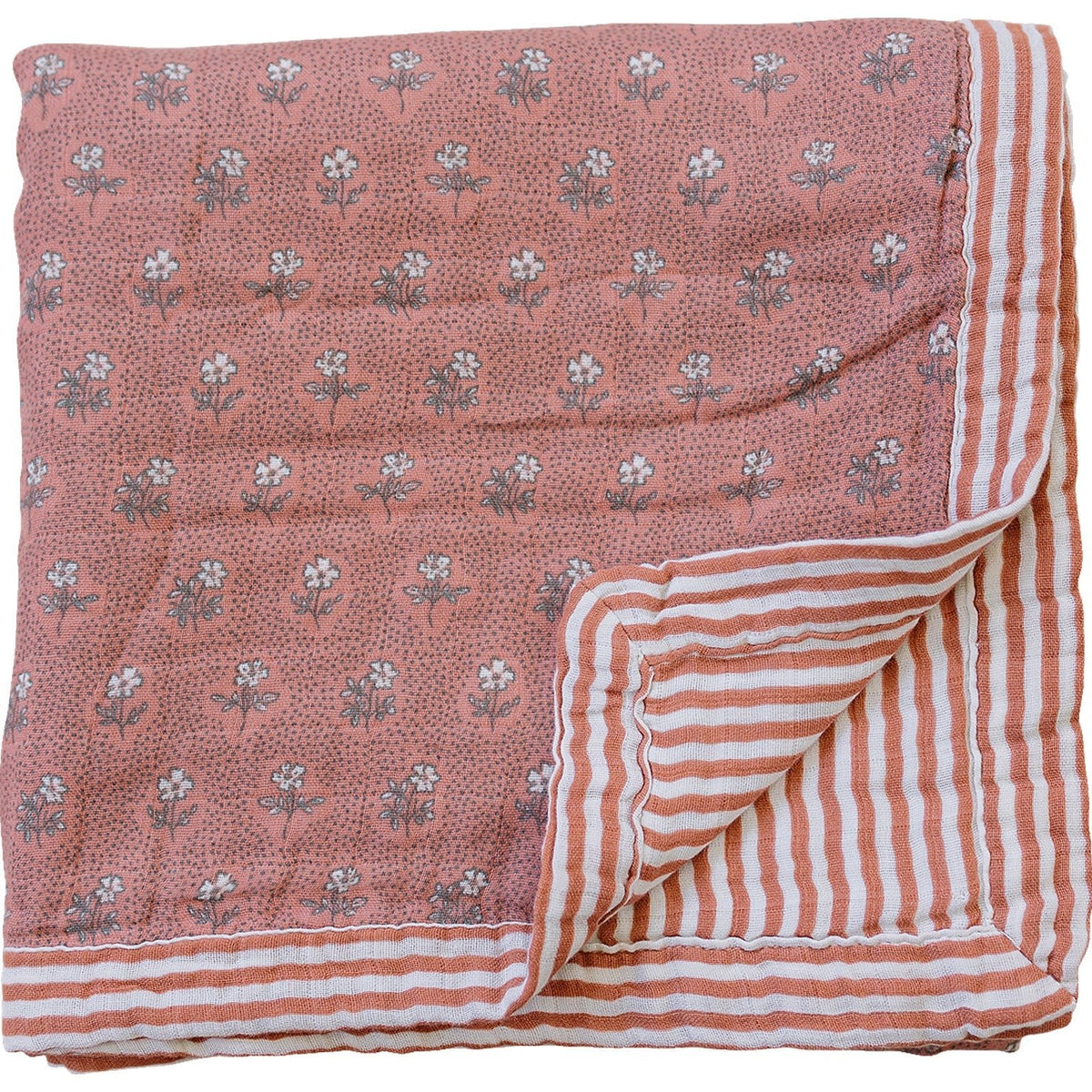 Mebie Baby Vintage Pink Floral Muslin Quilt With Pink Stripes for Nursery Mebie Baby - 