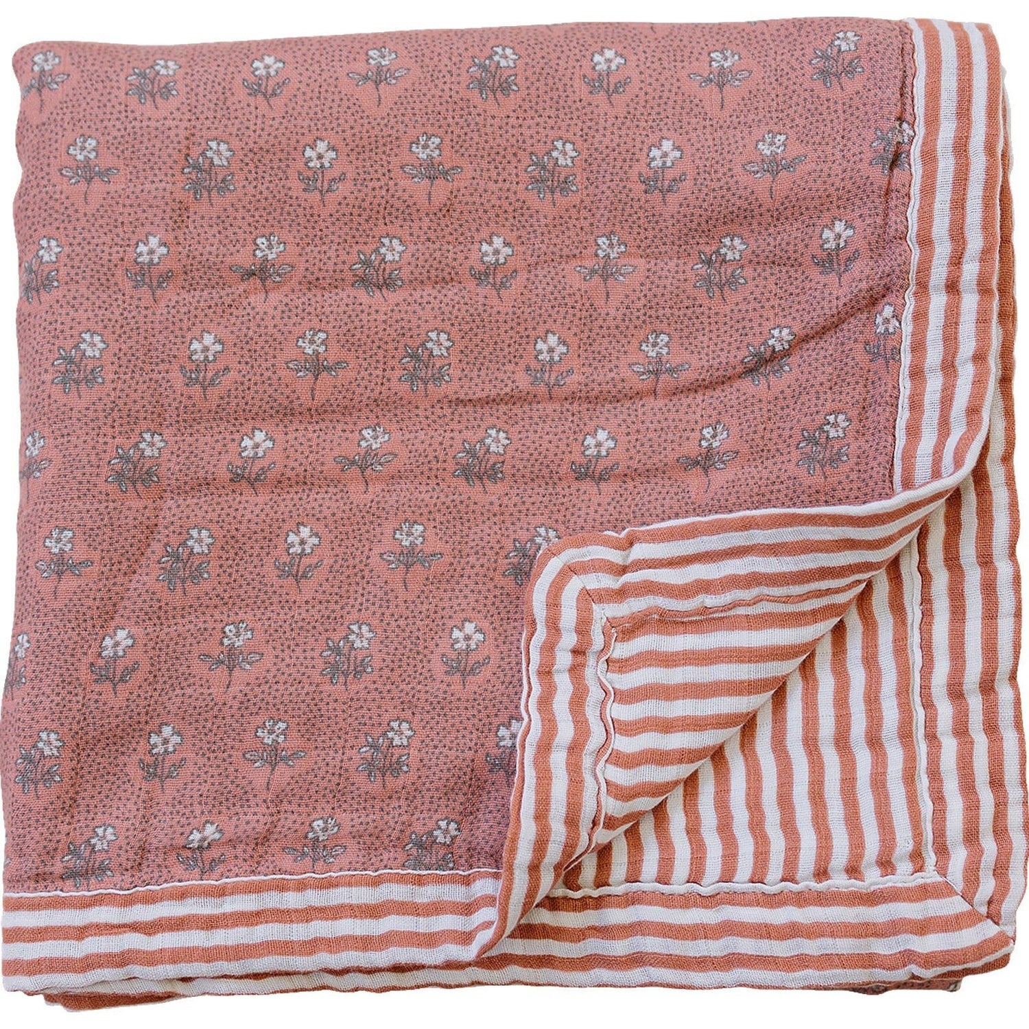 Mebie Baby Vintage Pink Floral Muslin Quilt With Pink Stripes for Nursery Mebie Baby - 