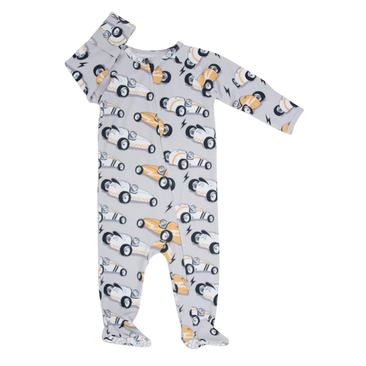 Sweet Bamboo Vintage Racecars Baby Zipper Footie with Silicone Grips for Infants - 