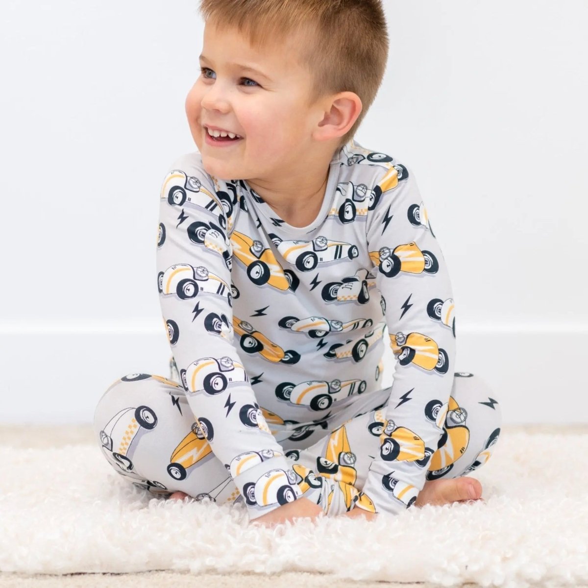 Sweet Bamboo Vintage Racecars Kids Pajama Set with Comfortable Long Sleeves for Sleepy Boys - 