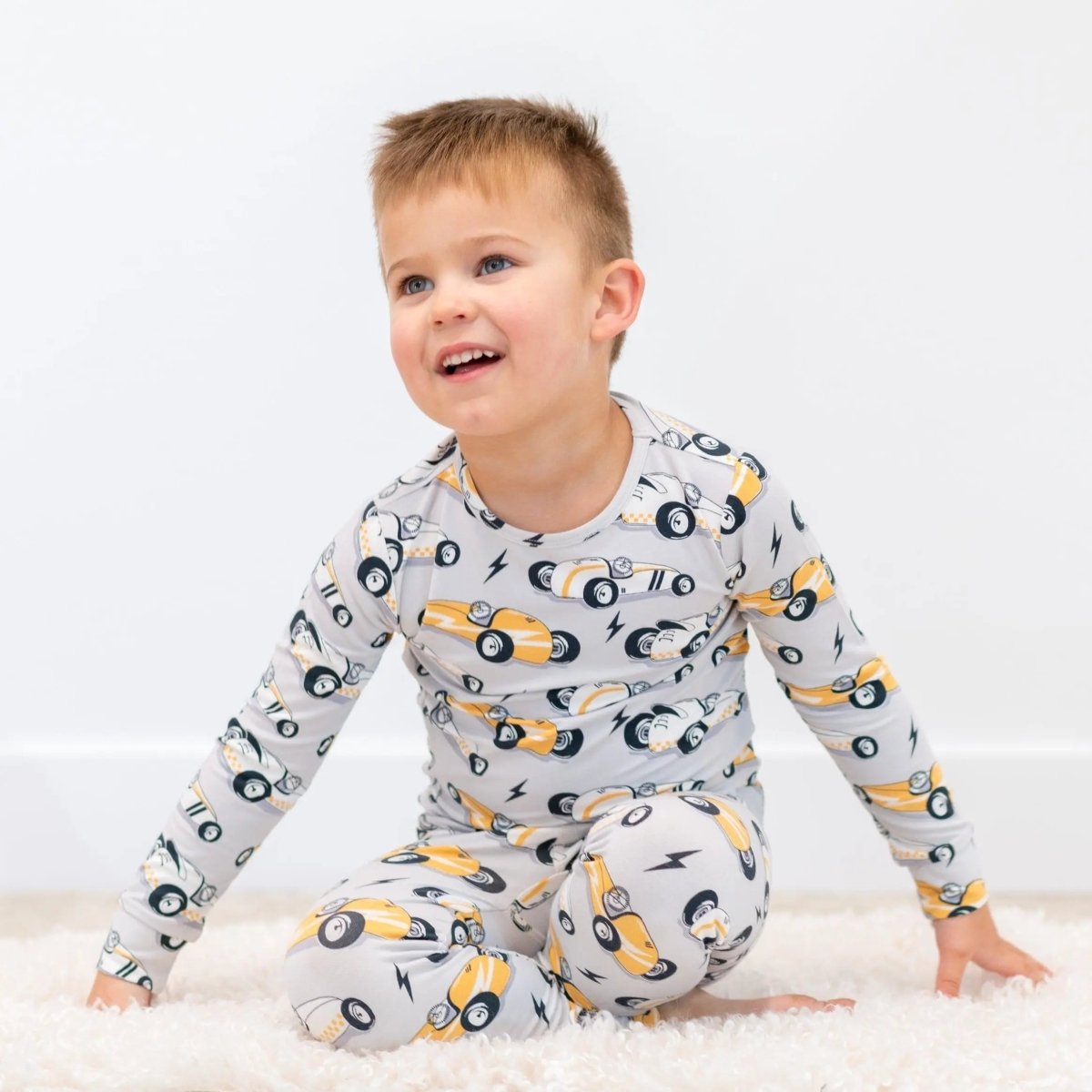 Sweet Bamboo Vintage Racecars Kids Pajama Set with Comfortable Long Sleeves for Sleepy Boys - 