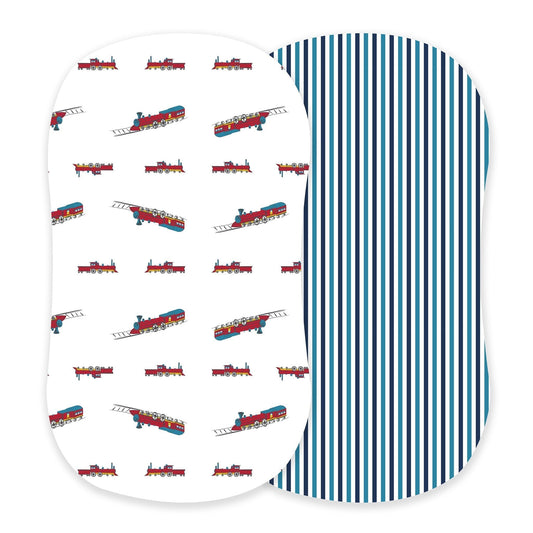 Vintage Steam Trains Blue and White Stripe Bamboo Changing Pad Cover Bassinet Sheets Newcastle Classics