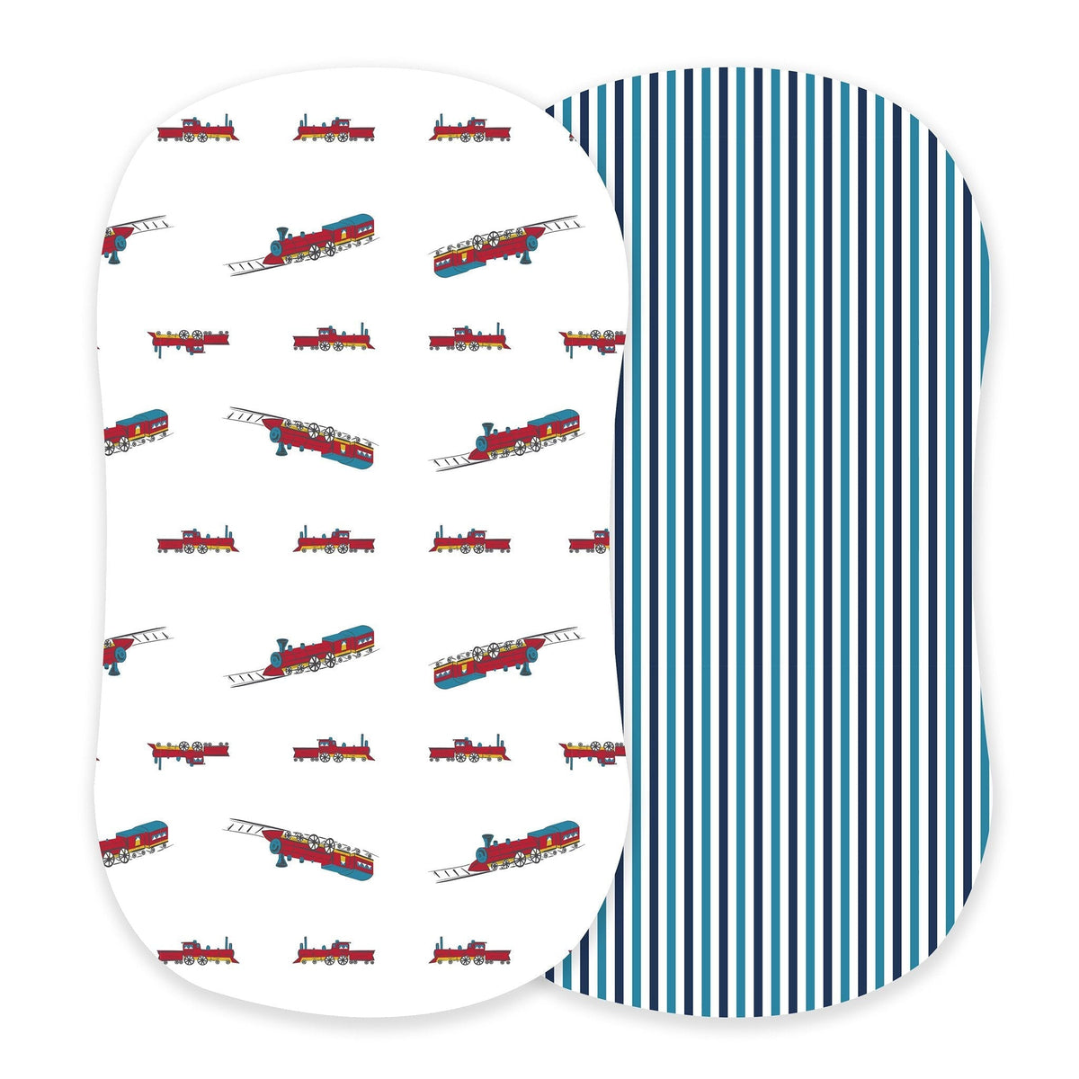 Newcastle Classics Vintage Steam Trains and Blue and White Stripe Bamboo Changing Pad Cover/Bassinet Sheets - 