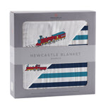 Newcastle Classics Vintage Steam Trains Bamboo Muslin Blanket with Blue Stripe for Cozy Infants - Baby & Toddler > Swaddling & Receiving Blankets > Receiving Blankets Bamboo Newcastle Blanket