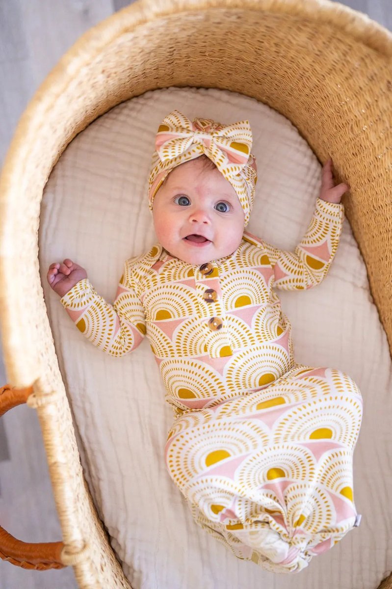 Harp Angel Boutique Vintage Sunshine Bow Turban Hat with Stretch Fabric for Newborns - 