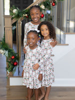 Twirl dress in plaid with teddy bears in green sweaters, flutter cap long sleeves, and a full twirly skirt.