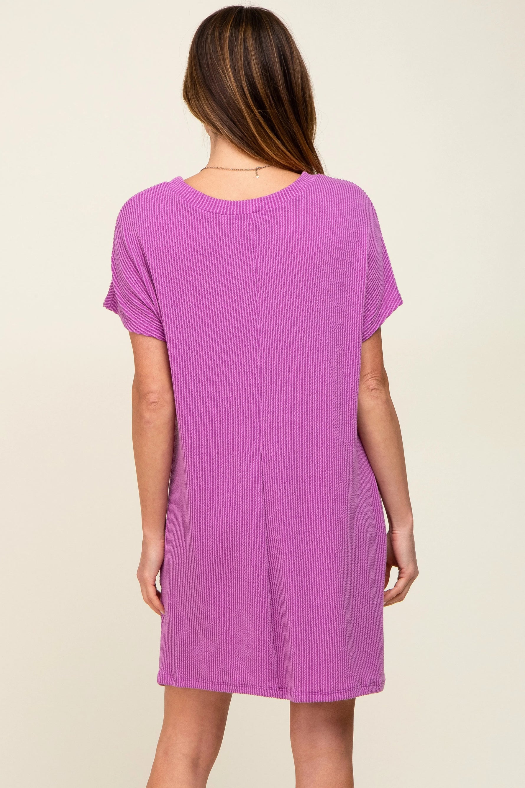 PinkBlush Violet Ribbed Front Pocket Dolman Short Sleeve Dress - 