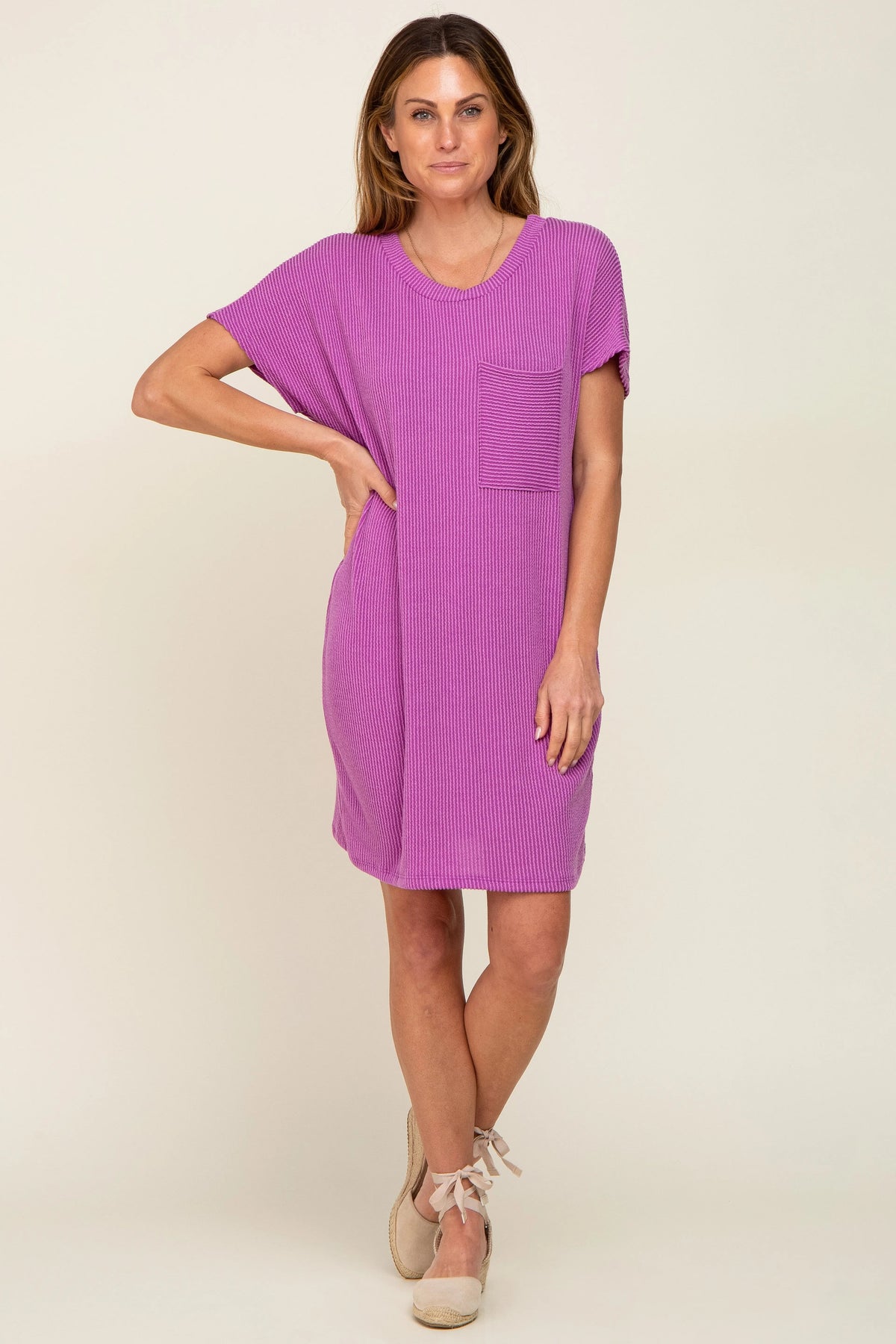 PinkBlush Violet Ribbed Front Pocket Dolman Short Sleeve Dress - 