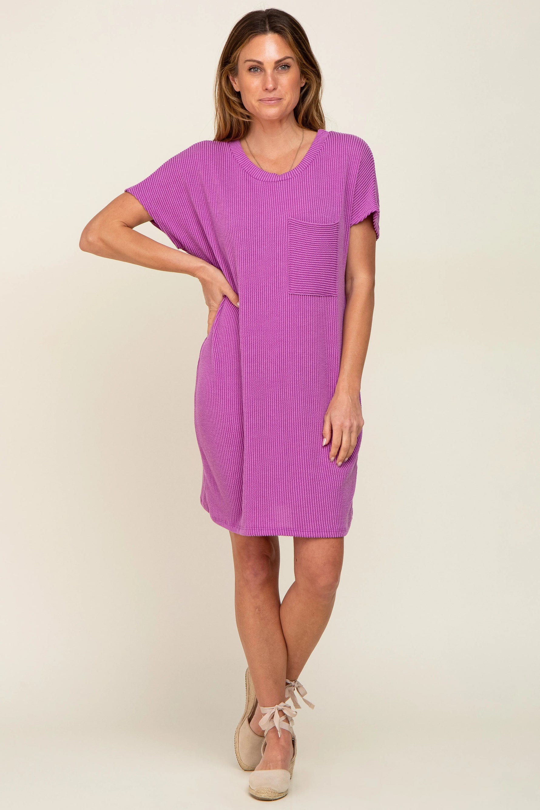 PinkBlush Violet Ribbed Front Pocket Dolman Short Sleeve Dress - 