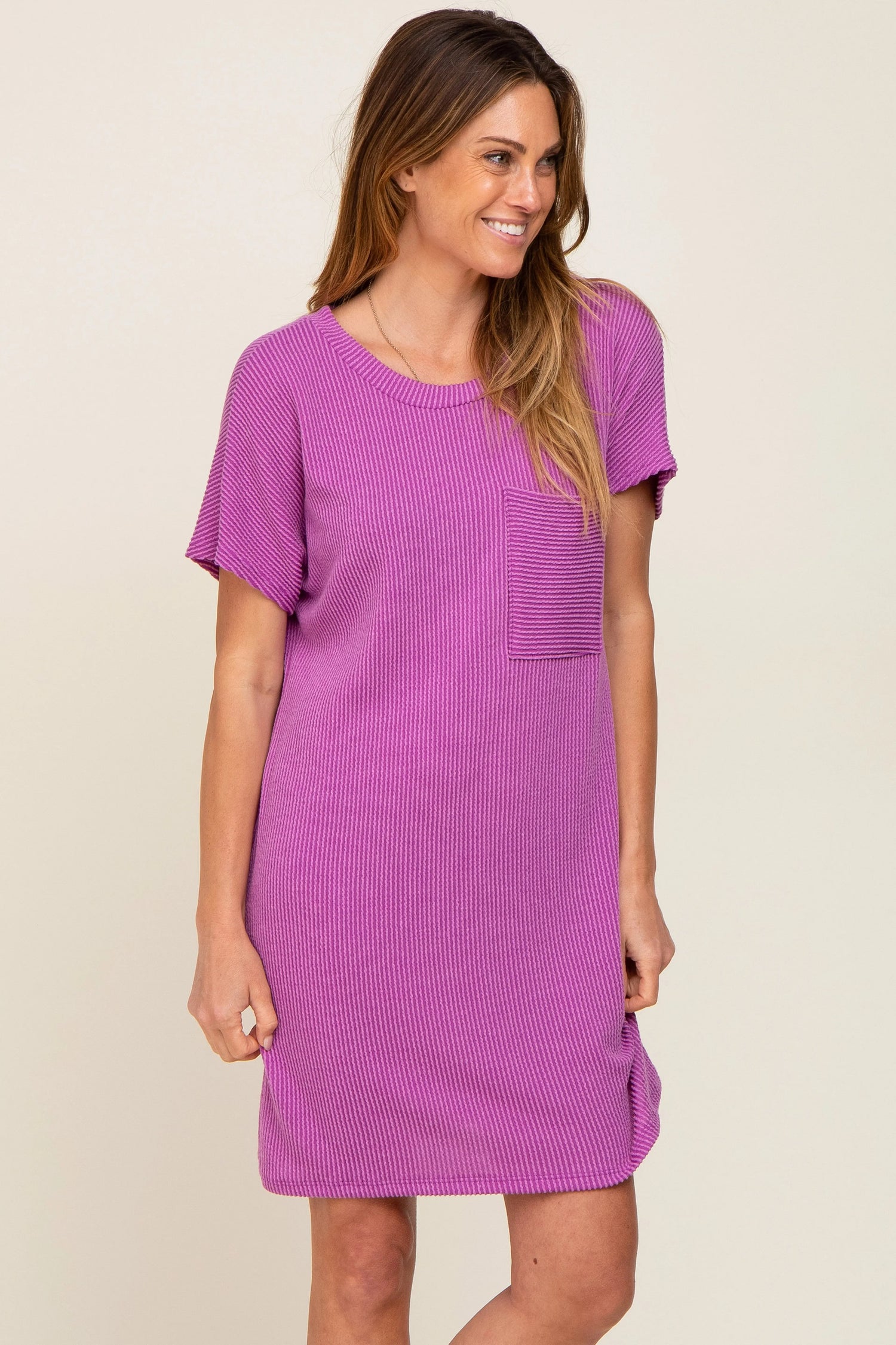 Violet Ribbed Front Pocket Dolman Short Sleeve Dress - One-piece garment, Pink, Day Dress, Pattern, Foot | Everetts Place