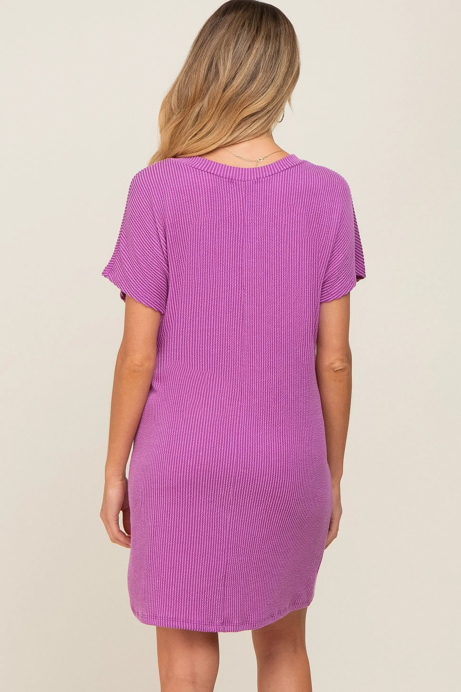 PinkBlush Violet Ribbed Front Pocket Dolman Short Sleeve Maternity Dress - 