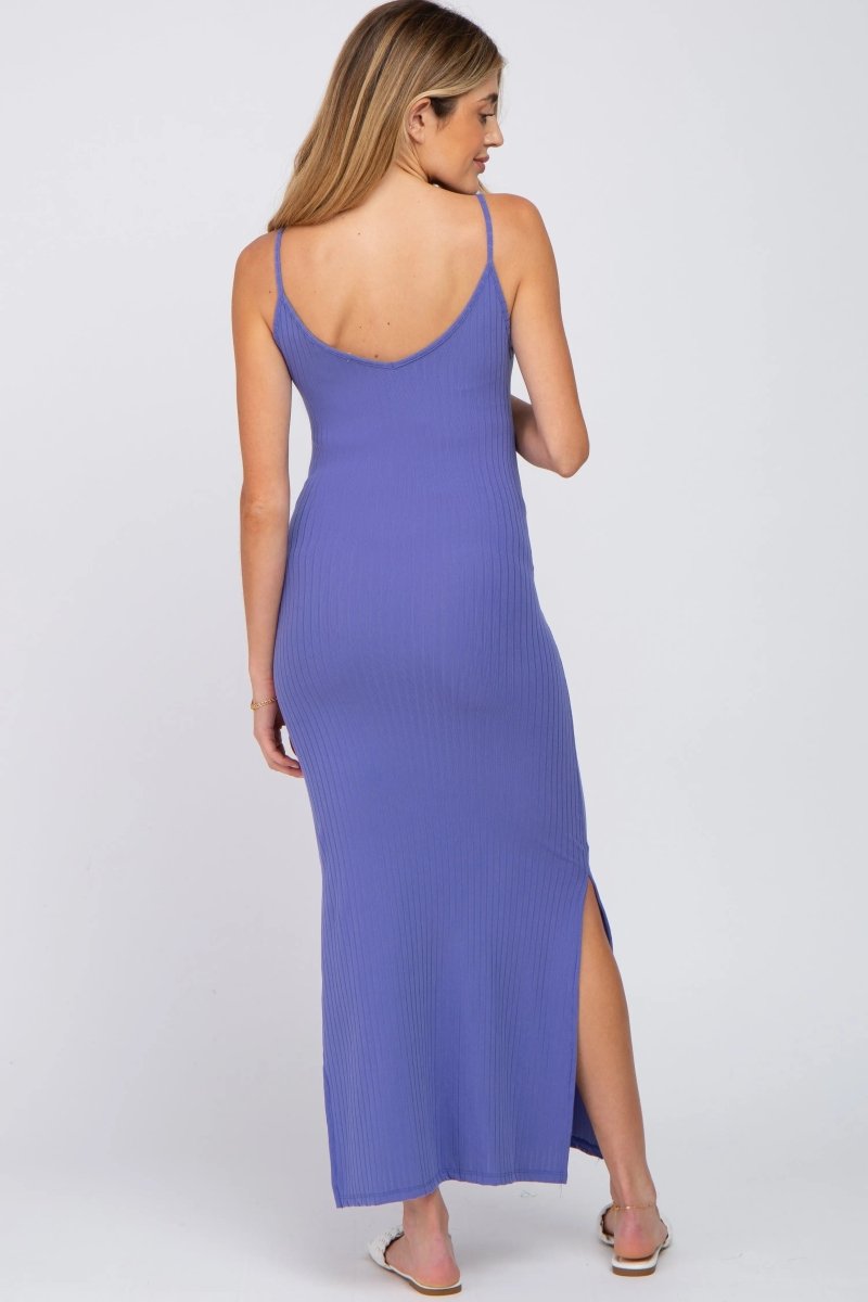 PinkBlush Violet Ribbed Maternity Maxi Dress with Side Slit for Stylish Moms - 