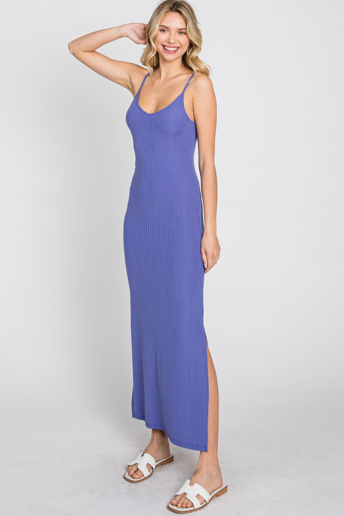 PinkBlush Violet Ribbed Side Slit Maxi Dress