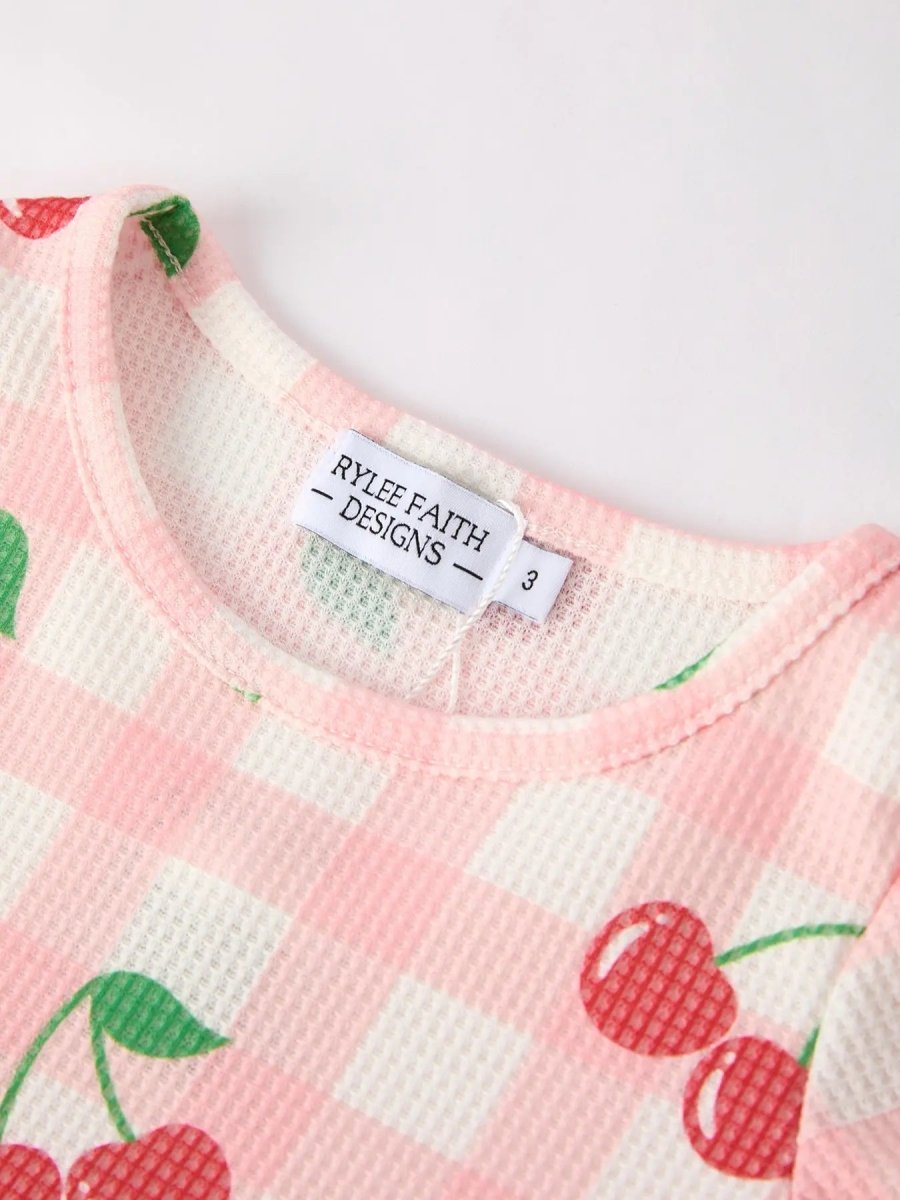 Rylee Faith Designs Waffle Cherry Girls Long Sleeve Dress Cozy Comfort Stylish Playful Pattern - Everetts Place Boutique - 