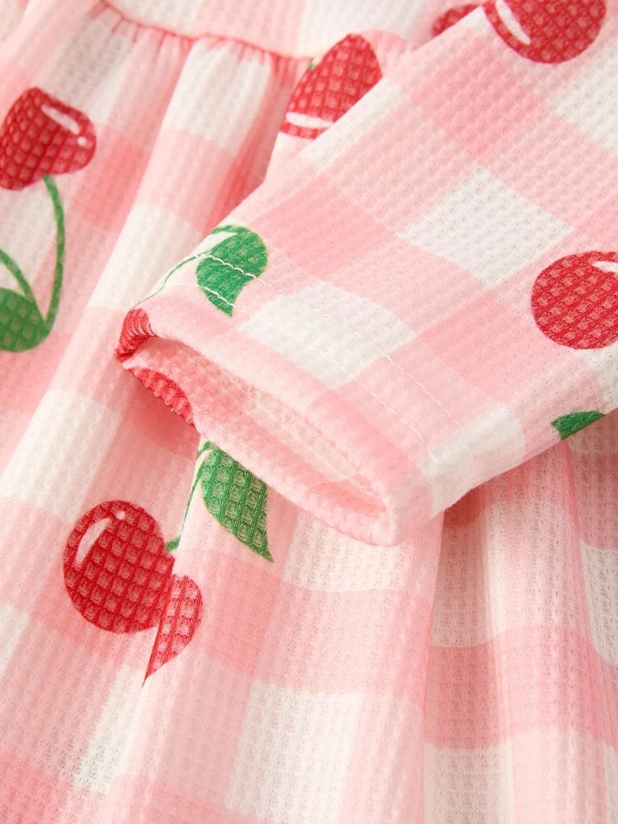 Rylee Faith Designs Waffle Cherry Girls Long Sleeve Dress Cozy Comfort Stylish Playful Pattern - Everetts Place Boutique - 