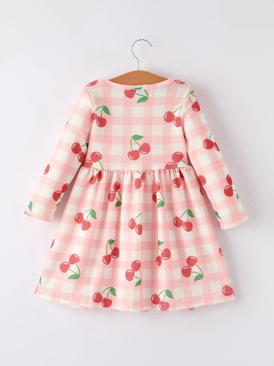 Rylee Faith Designs Waffle Cherry Girls Long Sleeve Dress Cozy Comfort Stylish Playful Pattern - Everetts Place Boutique - 