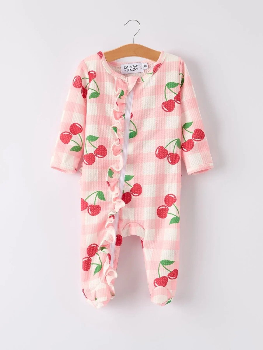 Rylee Faith Designs Waffle Cherry Plaid Girls Romper - Everetts Place Boutique - 