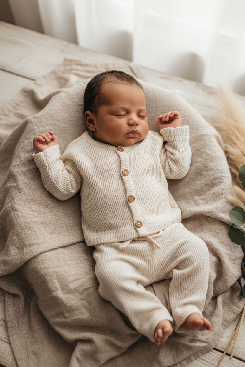 LUCY LUE ORGANICS organic waffle knit newborn baby top and pants set.