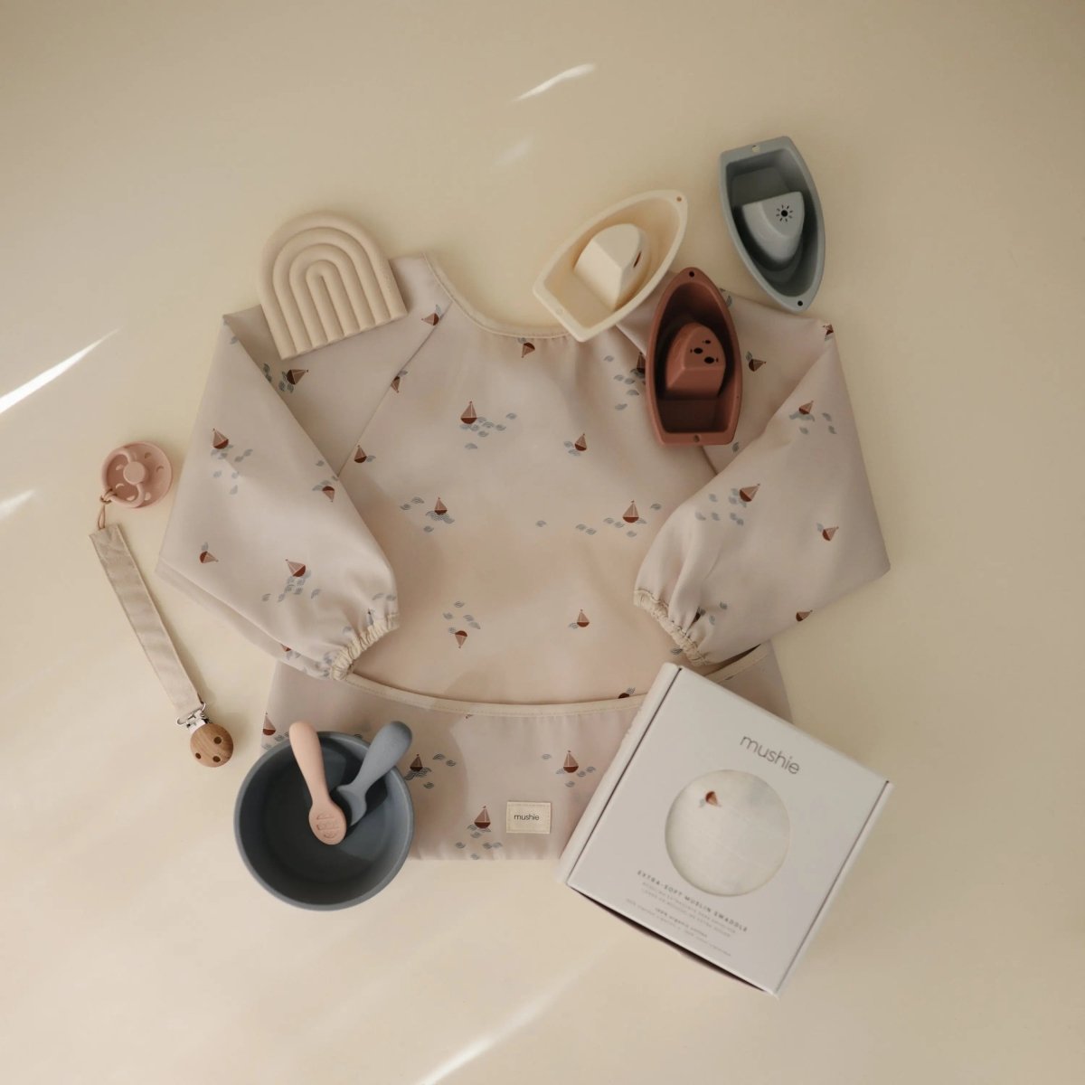 Mushie Water Resistant Long Sleeve Bib for Kids with Wide Pocket and Velcro Closure - Everetts Place Boutique - 