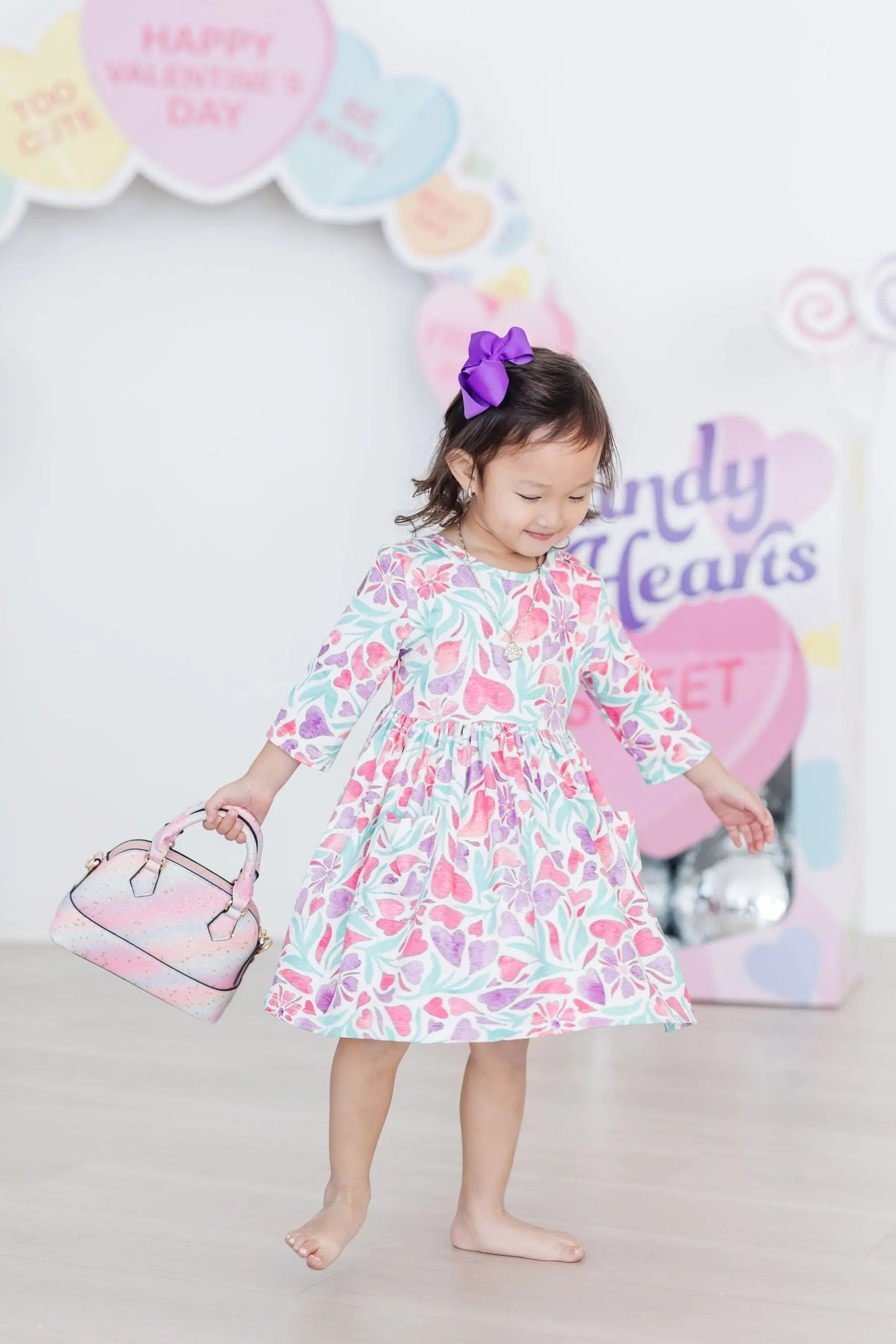 Mila & Rose ® Watercolor Hearts 3/4 Sleeve Pocket Twirl Dress - 