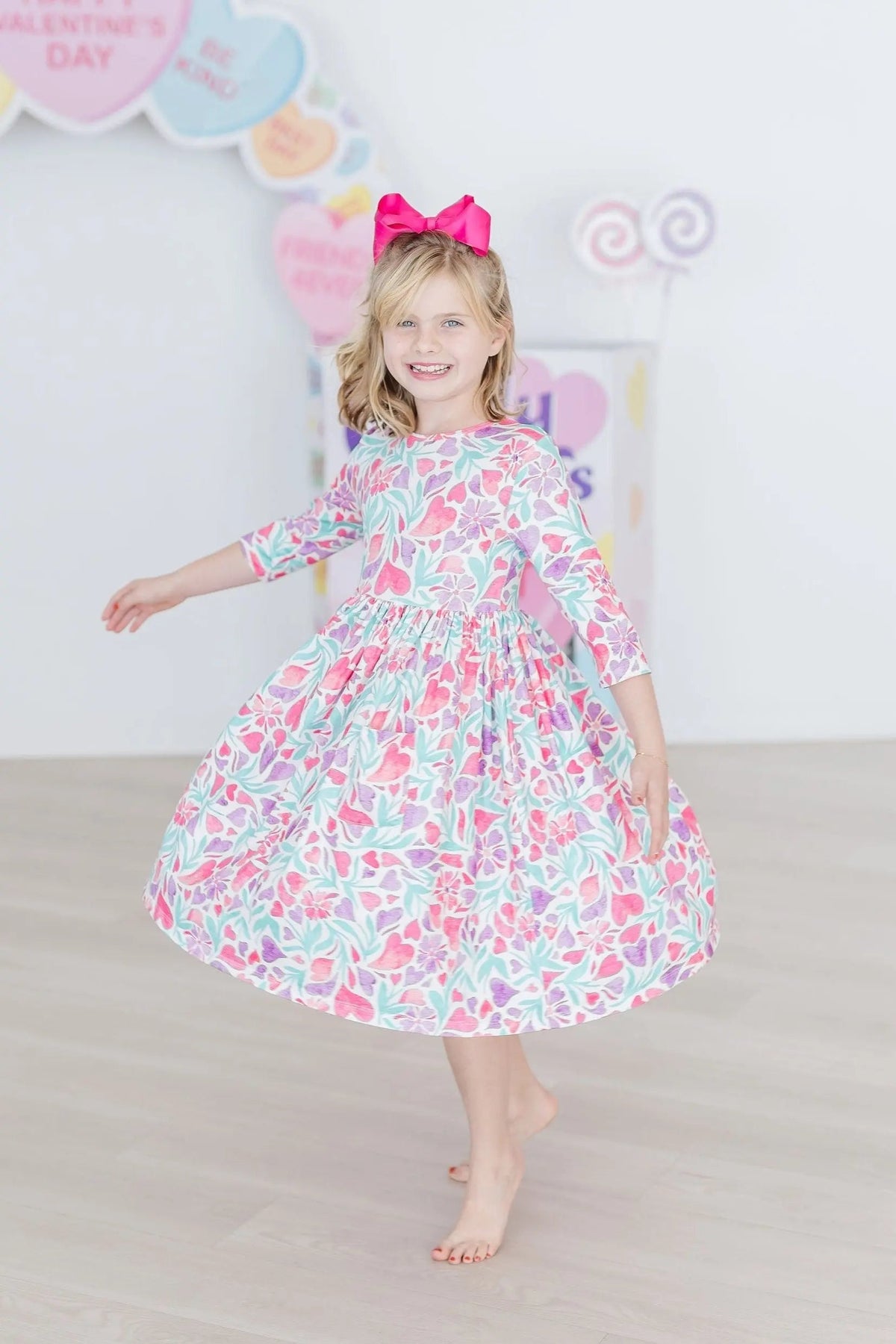Mila & Rose ® Watercolor Hearts 3/4 Sleeve Pocket Twirl Dress - 
