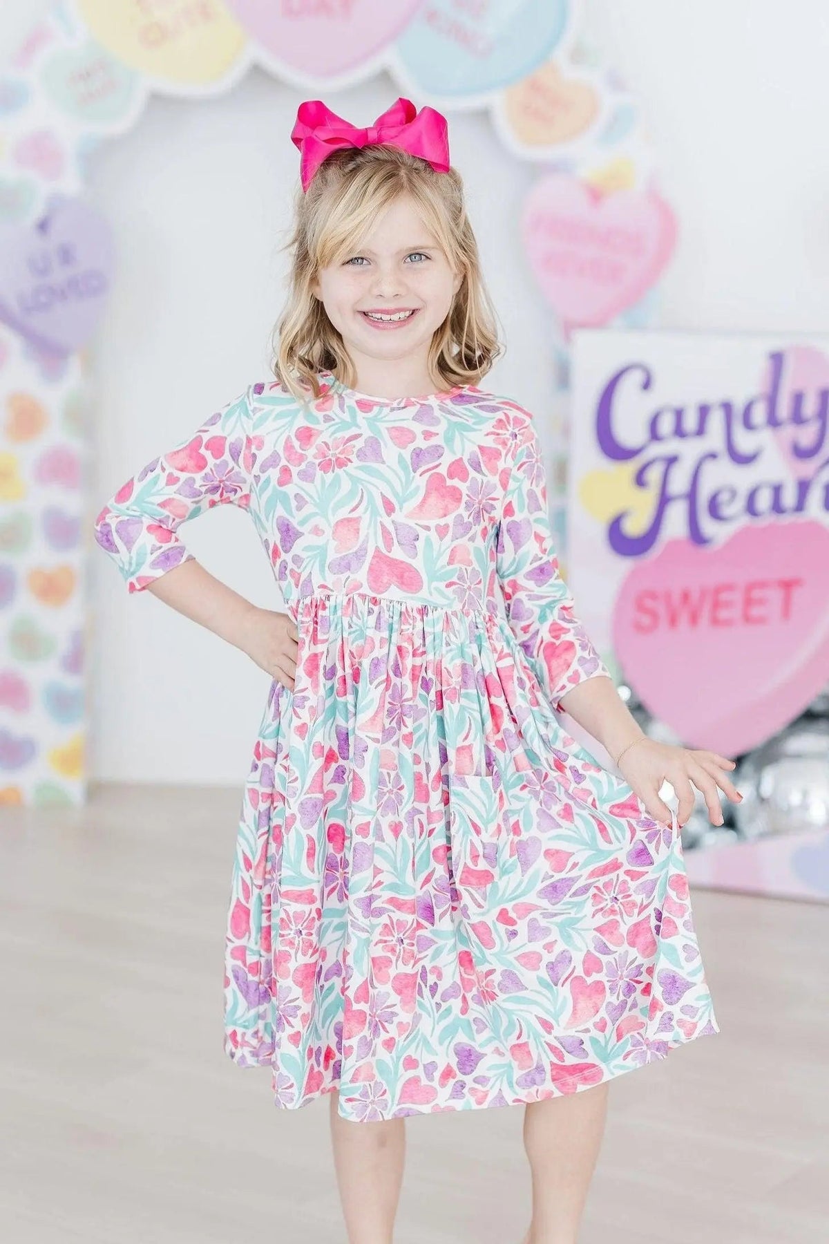 Mila & Rose ® Watercolor Hearts 3/4 Sleeve Pocket Twirl Dress - 