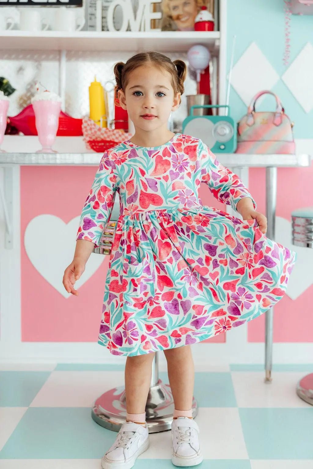 Mila & Rose ® Watercolor Hearts 3/4 Sleeve Pocket Twirl Dress - 