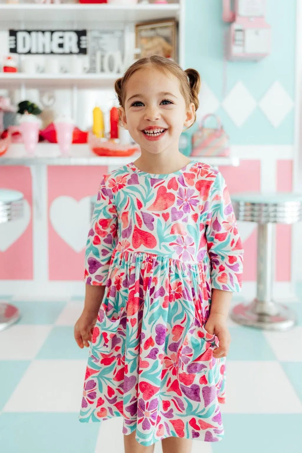 Mila & Rose ® Watercolor Hearts 3/4 Sleeve Pocket Twirl Dress - 