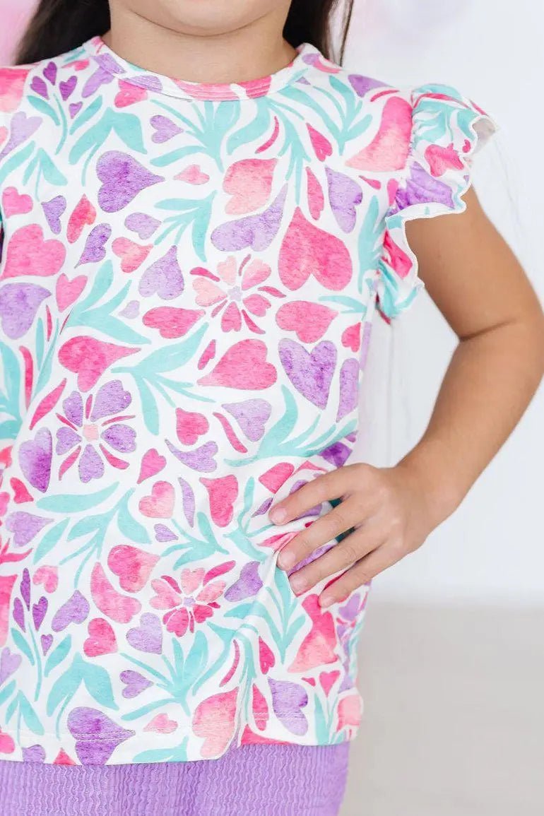 Mila & Rose ® Watercolor Hearts S/S Ruffle Tee - 