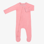 Baby footie pajamas in pink watermelon print with full-length zipper and covered feet.