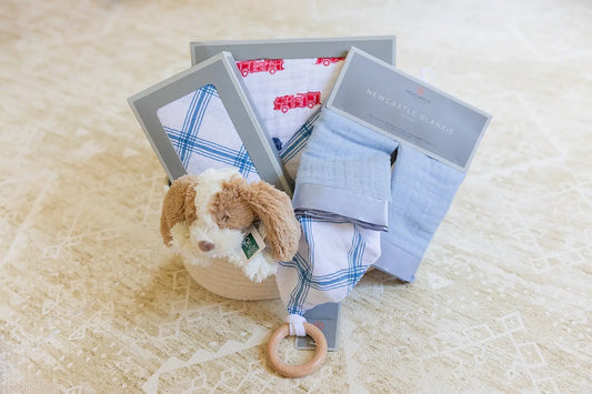 Welcome Baby Boy Firetruck and Blue Plaid Basket with Cotton Blanket Swaddle Blankie Set and Plush Dog Toy Newcastle Classics