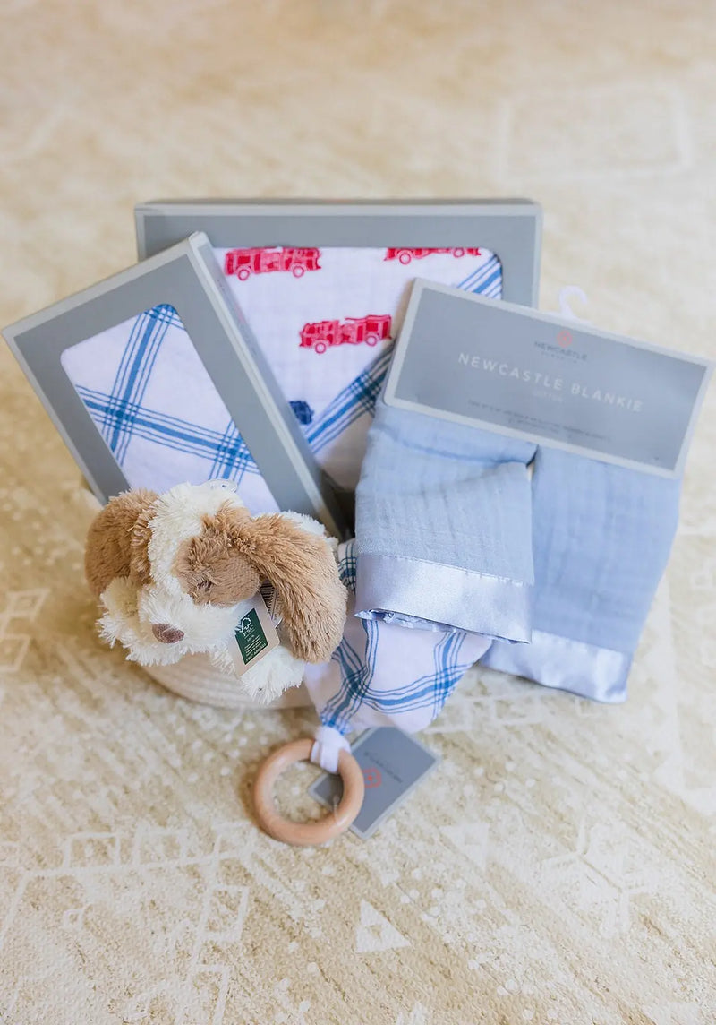 Welcome Baby Boy Firetruck and Blue Plaid Basket with Cotton Blanket Swaddle Blankie Set and Plush Dog Toy Newcastle Classics