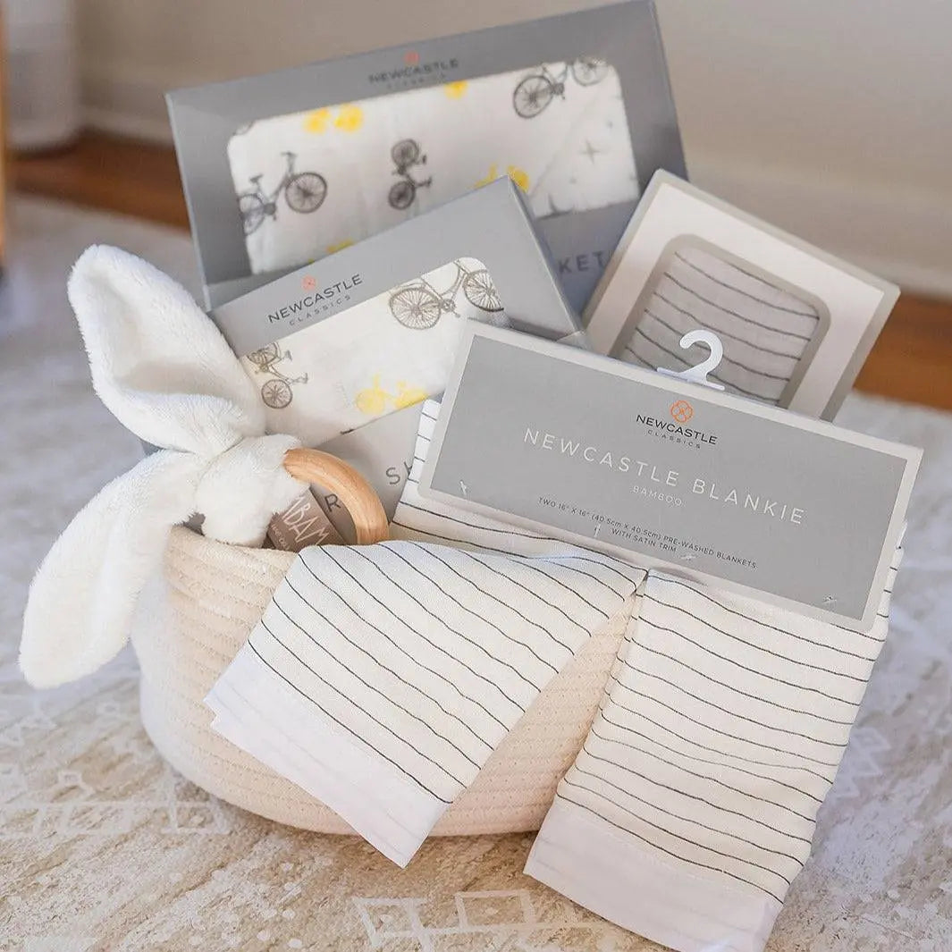 Welcome Baby Gender Neutral Gift Basket with Bamboo Blanket Swaddle Crib Sheet and Wooden Teether Newcastle Classics