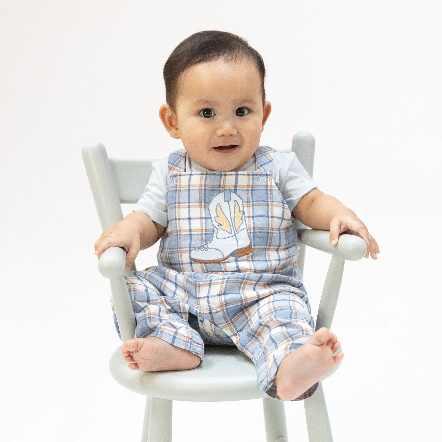 Angel Dear Western Boot Plaid - Crew Neck Tee with Overalls - 