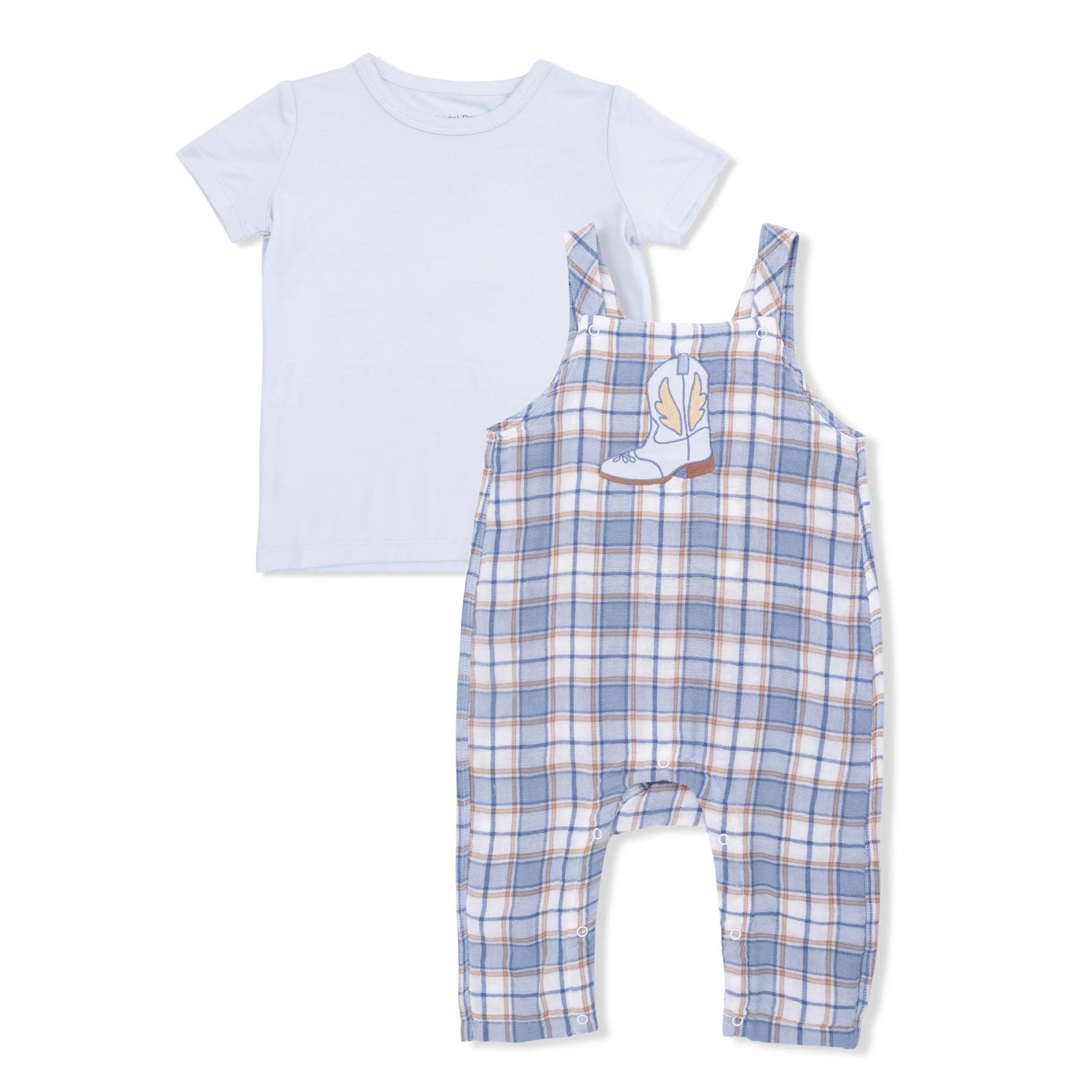 Angel Dear Western Boot Plaid - Crew Neck Tee with Overalls - 