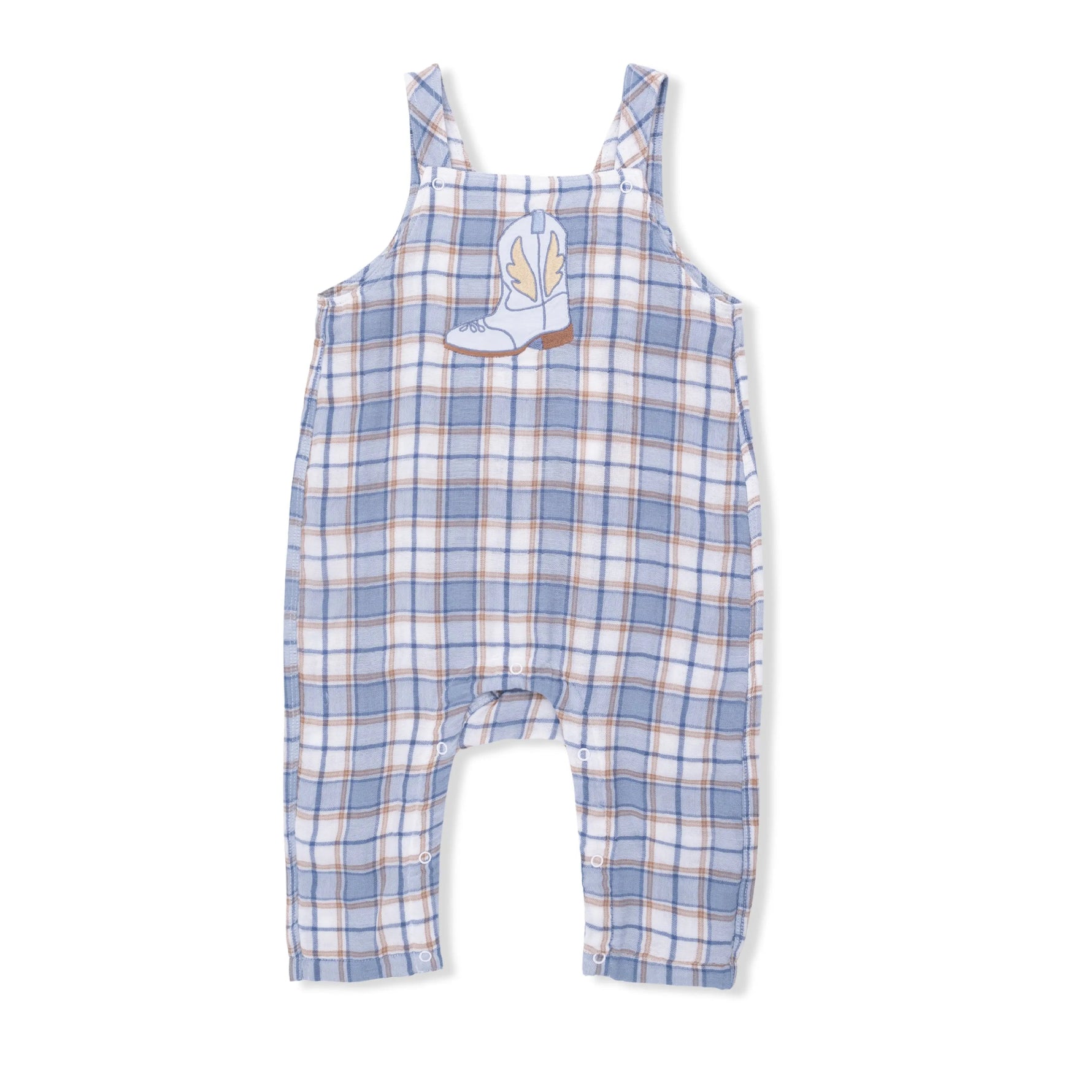 Angel Dear Western Boot Plaid - Crew Neck Tee with Overalls - 