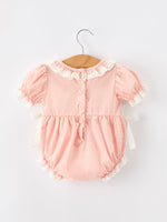 Rylee Faith Designs Western Horse Embroidery Girls Romper Lace Petals Collar Puff Sleeve
