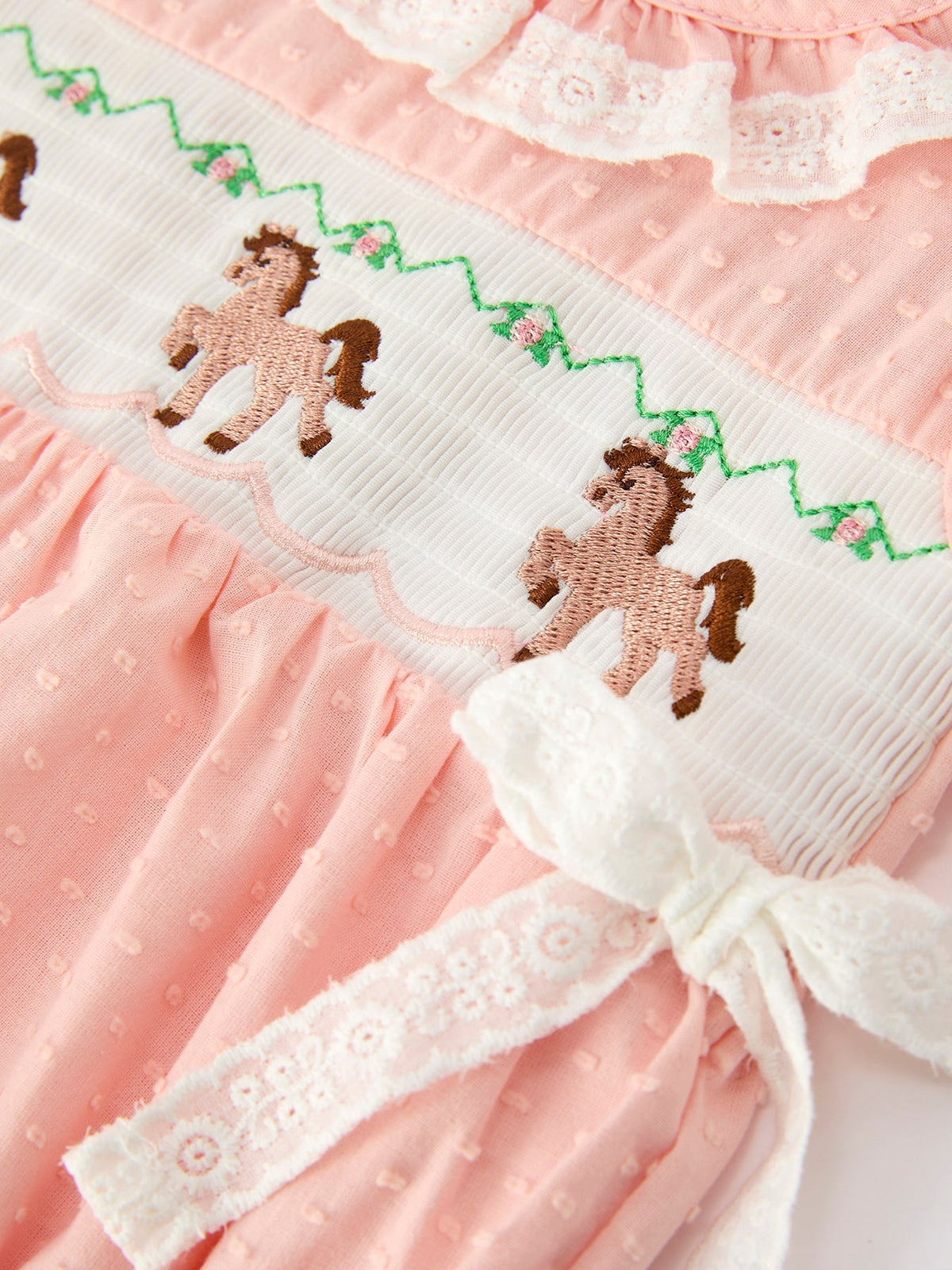 Rylee Faith Designs Western Horse Embroidery Girls Romper Lace Petals Collar Puff Sleeve