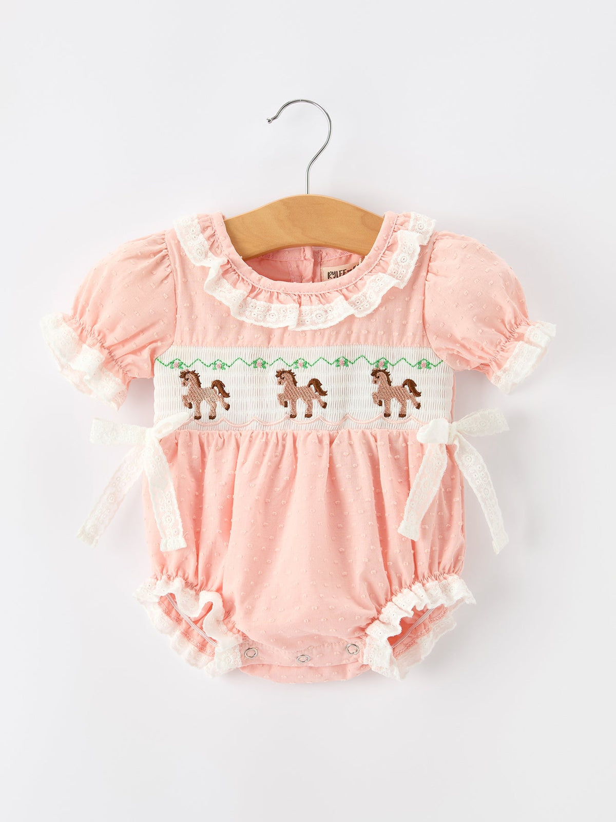 Rylee Faith Designs Western Horse Embroidery Girls Romper Lace Petals Collar Puff Sleeve