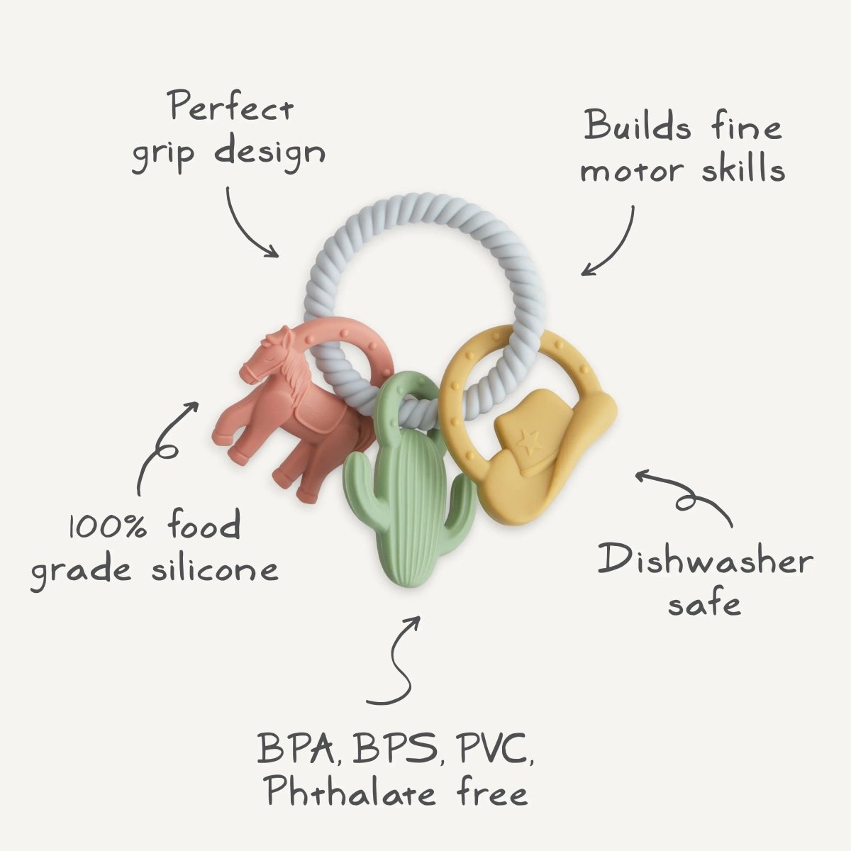 Mushie Western Teething Ring Made from Food Grade Silicone with Sensory Shapes and Textures - 