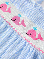 Rylee Faith Designs Whale Embroidered Smocked Seersucker Girls Dress Bow