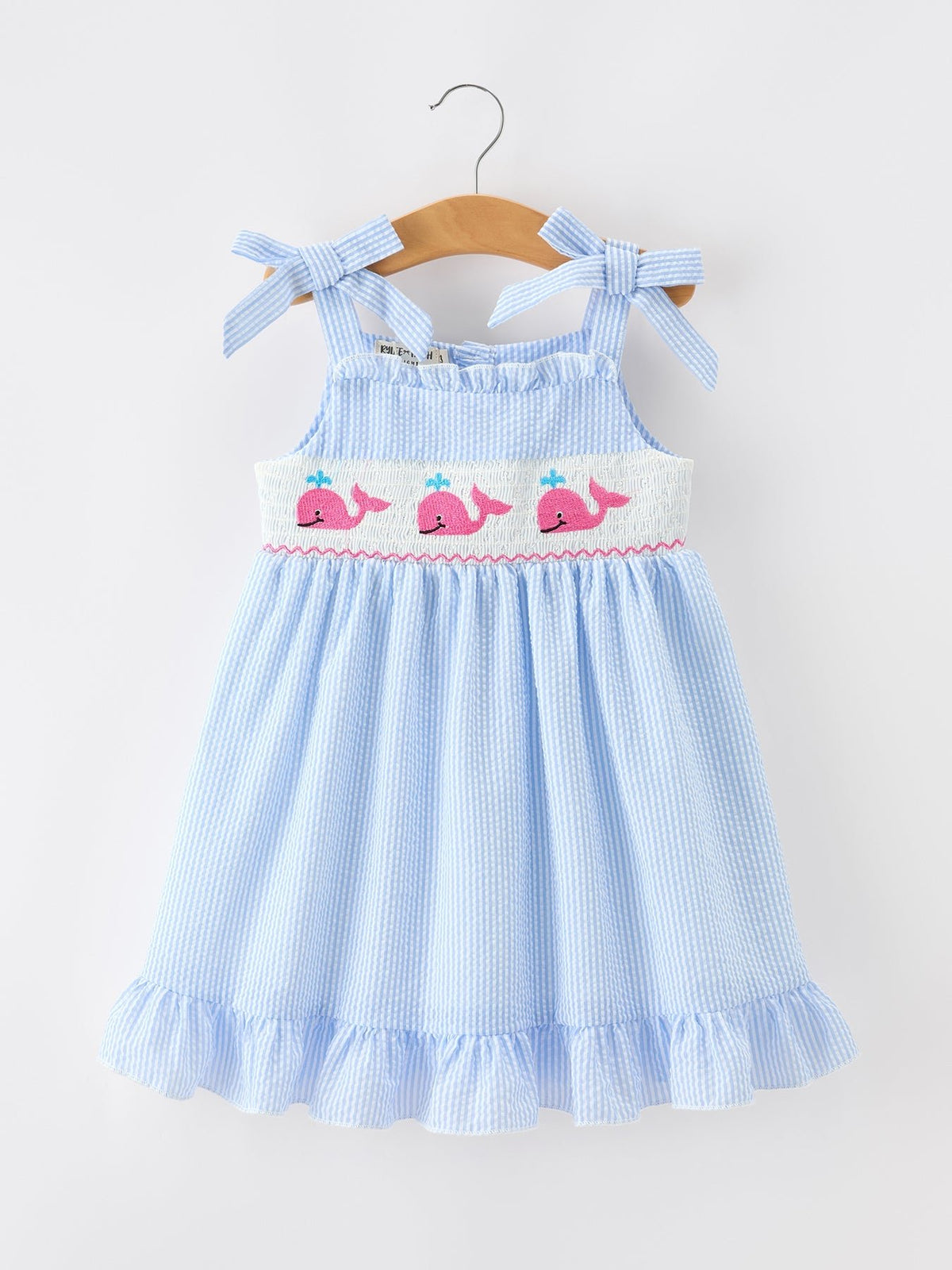 Rylee Faith Designs Whale Embroidered Smocked Seersucker Girls Dress Bow