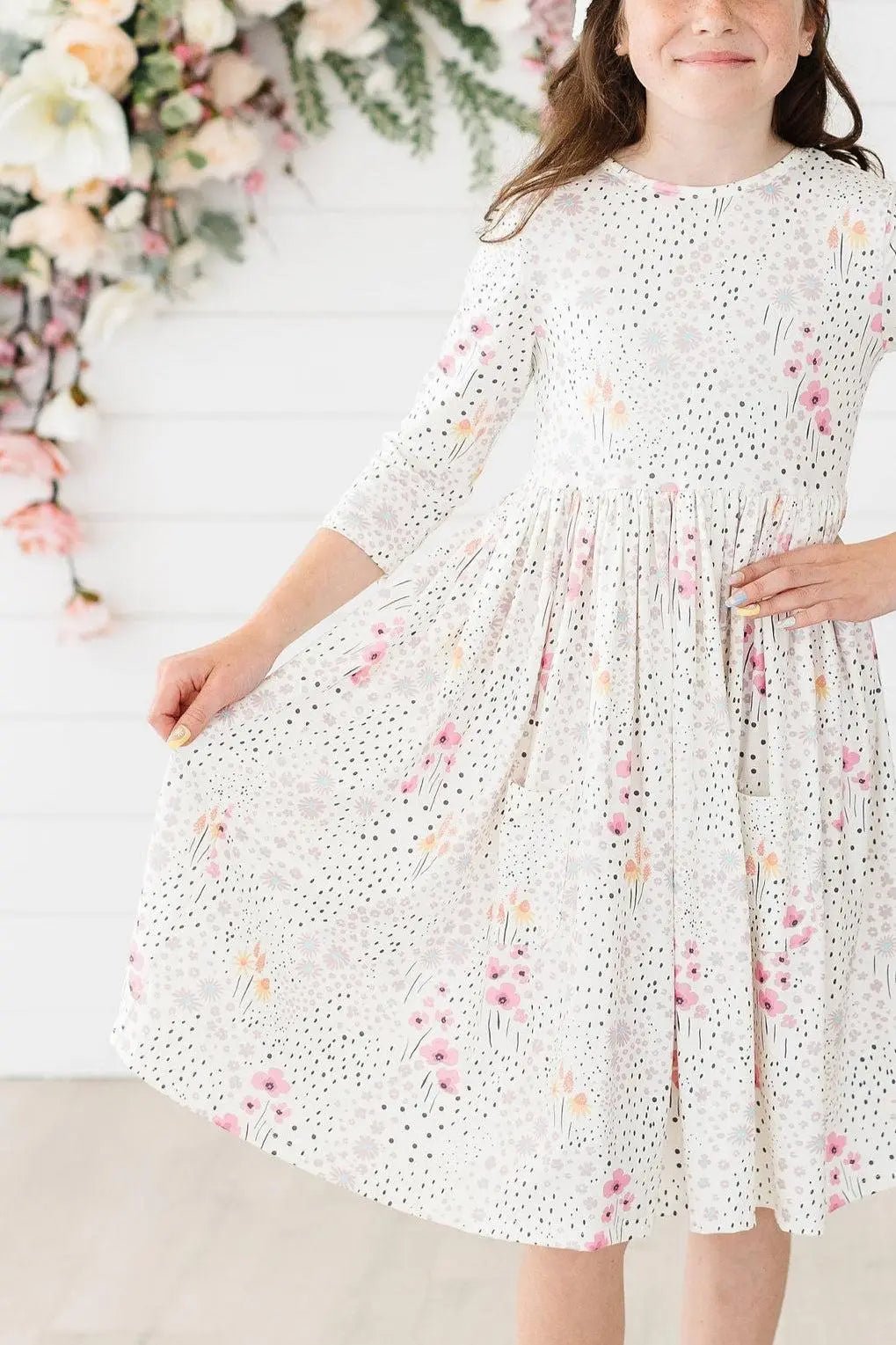Mila & Rose ® Whimsical Wildflowers 3/4 Sleeve Pocket Twirl Dress - 