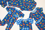Space Dinosaur Bamboo Short Romper | Electric Blue by Rayn’s Tiny Stitches