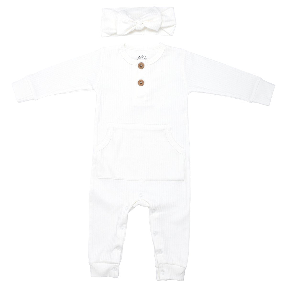 Three Little Tots White Baby Ribbed Playsuit with pockets - 