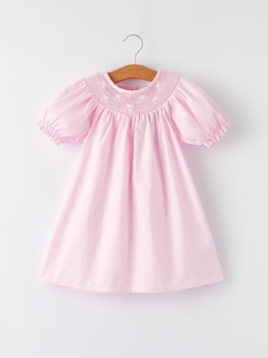 Rylee Faith Designs White Bow Smock Embroidered Pink Dress - 