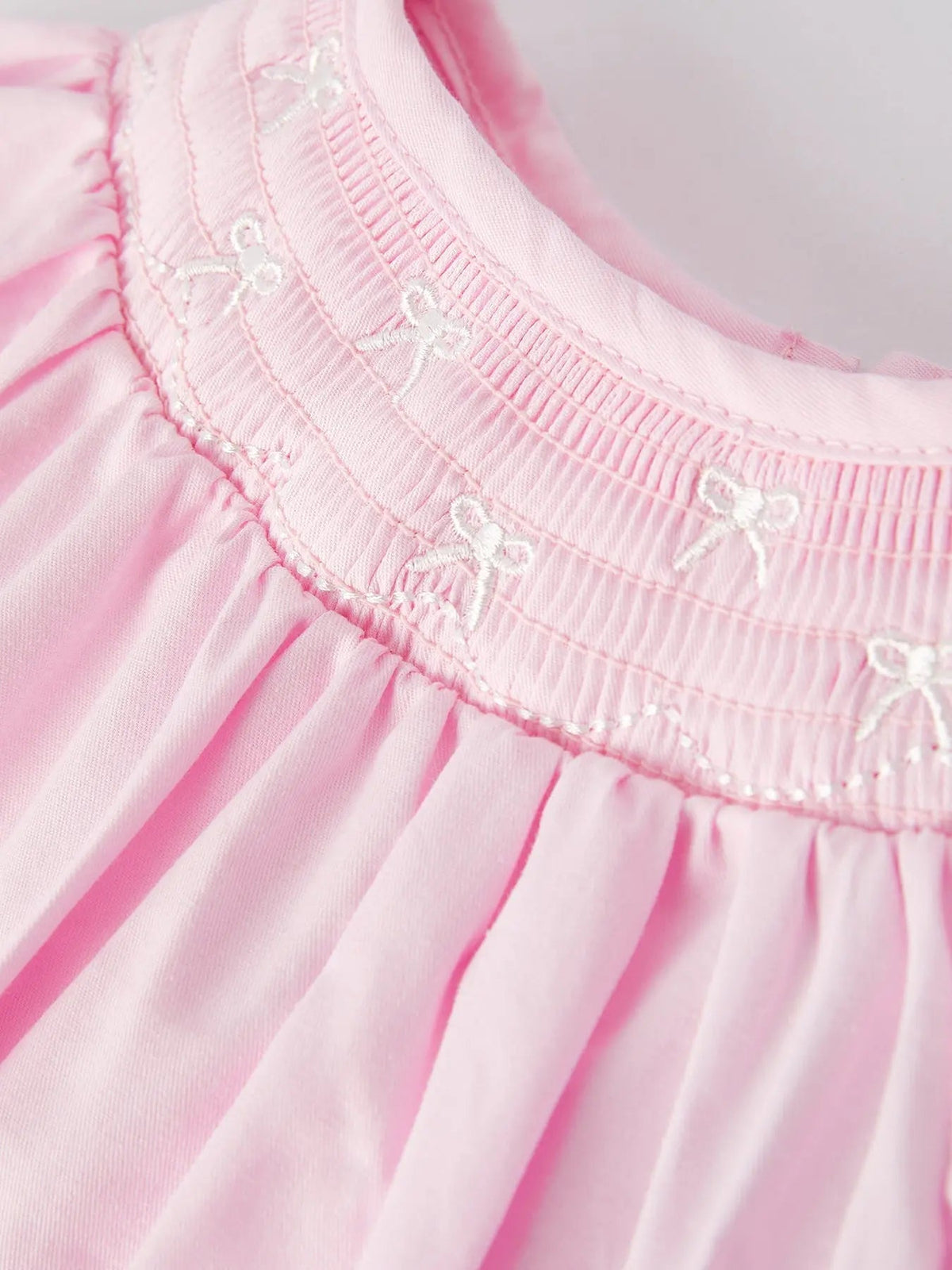 Rylee Faith Designs White Bow Smock Embroidered Pink Romper - 