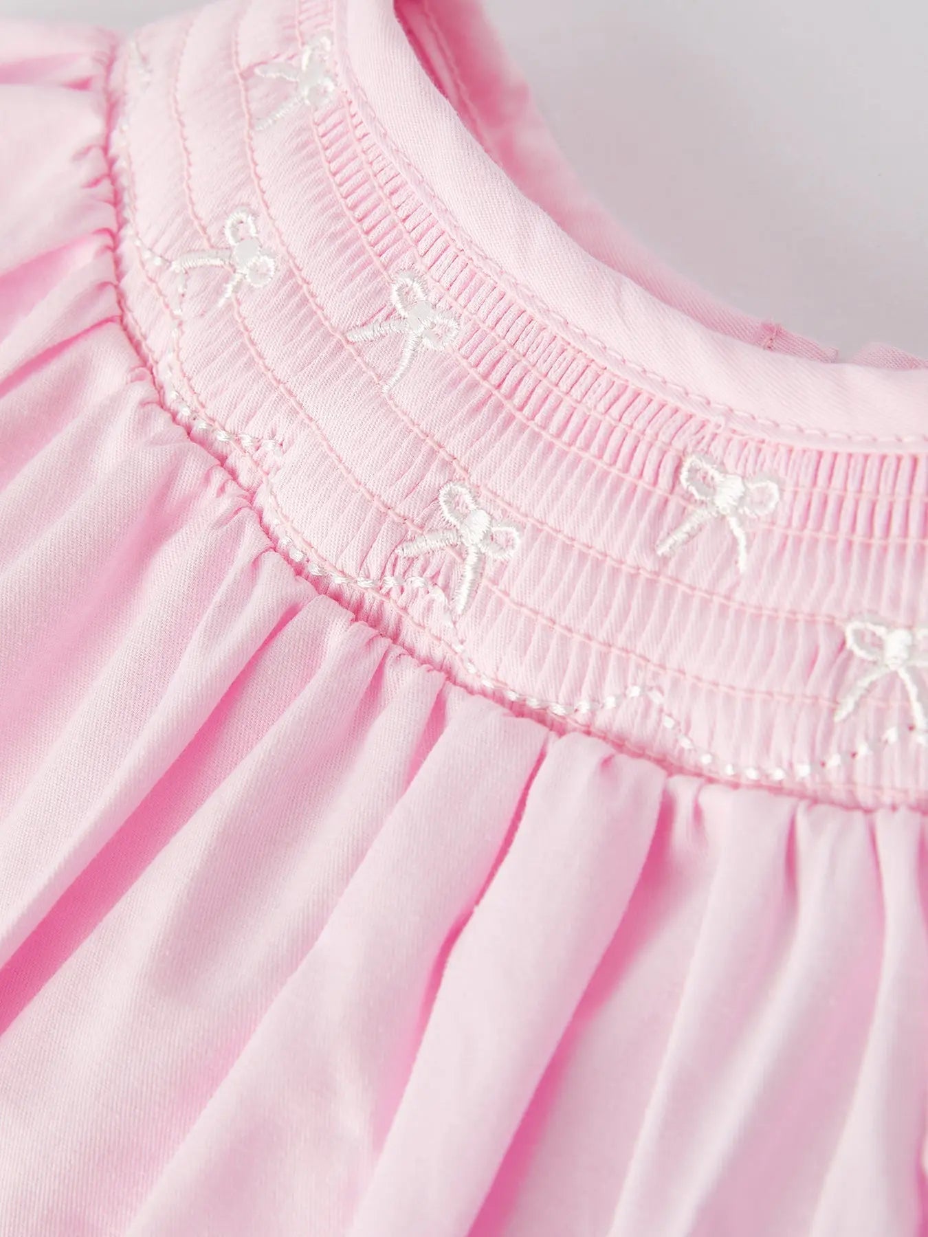 Rylee Faith Designs White Bow Smock Embroidered Pink Romper - 